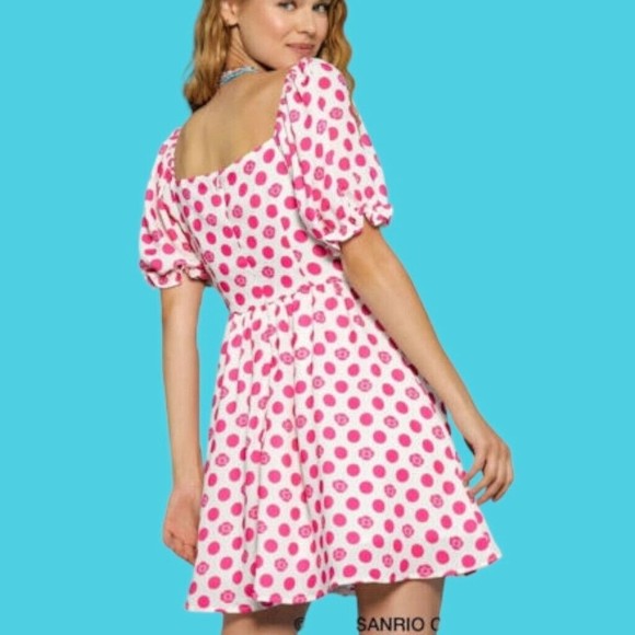 New SHEIN x Hello Kitty & Friends Puff Sleeve Ruched Bust Polka Dot Dress Large - Picture 3 of 9